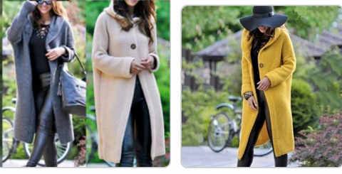 Frauen tragen lange Mäntel in verschiedenen Farben in Grau, Beige und Gelb. Beide Outfits sind lässig gestylt und vor einem grünen Outdoor-Hintergrund.
