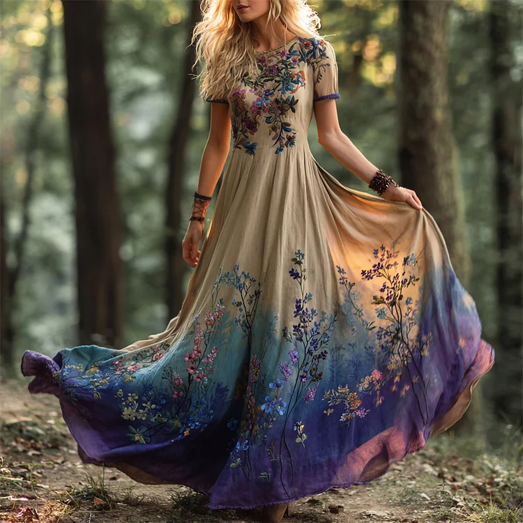 Boho Vintage Ethnic Floral Art Women's Linen Short Sleeve Flowy Maxi Dress