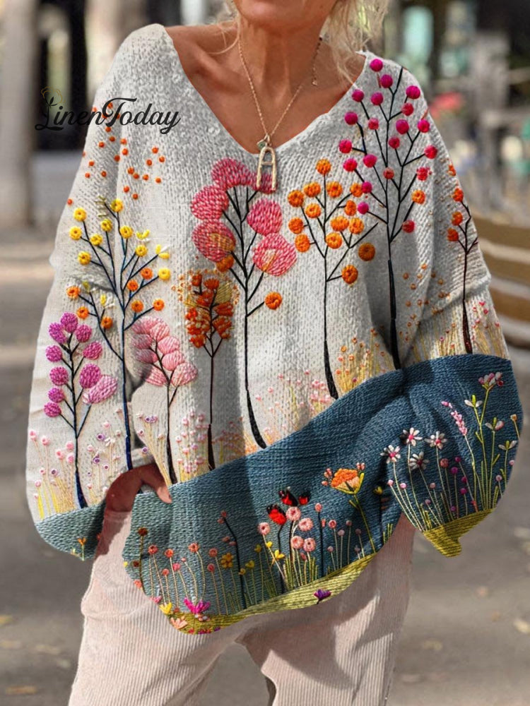 Women&rsquo;s Vintage Flower Pattern Art Print Casual Pullover Sweater Multicolor / M