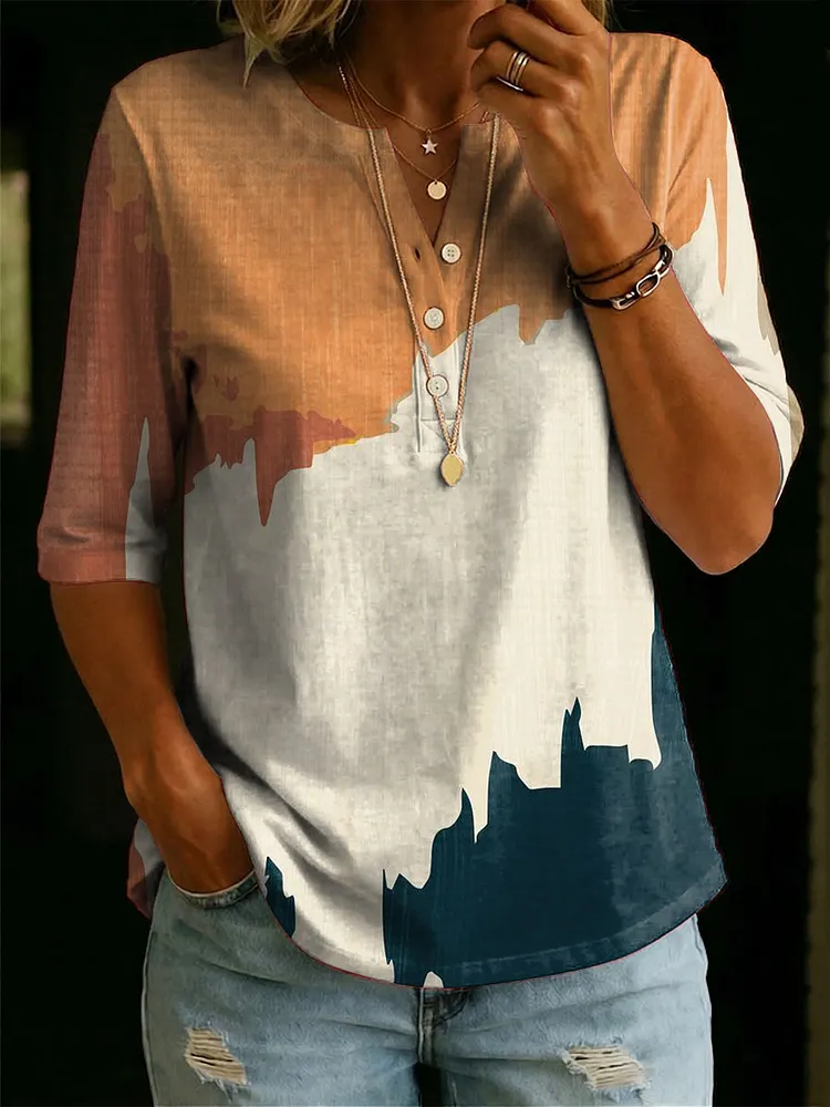 Women's Geometric Abstraction Pattern Art Print Casual Classic Henley Collar 100% Cotton T-shirt