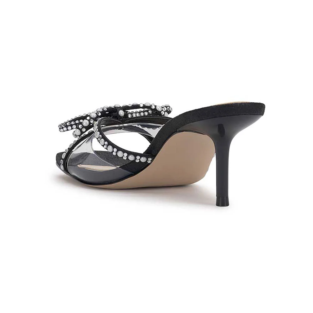 Black Open-Toe Pearl and Rhinestone Bow Stiletto Heel Slide Sandals