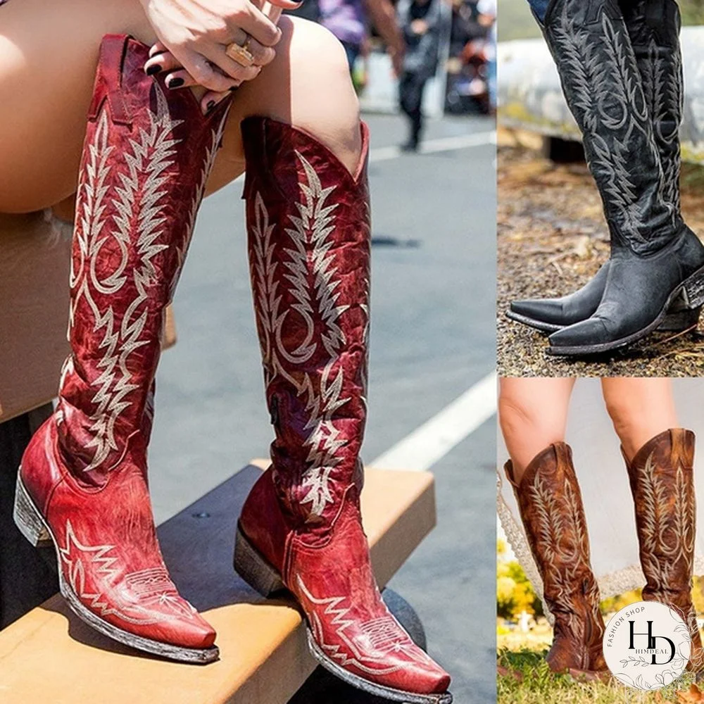 Fashion Women Knee High Boots Leather Riding Boots Medieval Western Cowgirl Boots Vintage Tall Boots Autumn Winter Warm Pointed Toe Flat Boots Ladies Ankle Boots