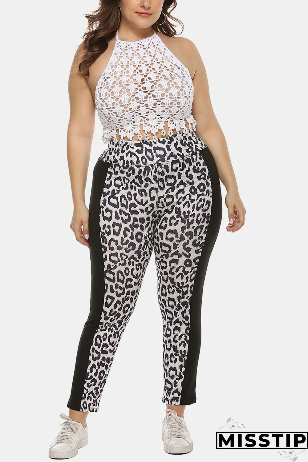 Leopard Fashion Casual Patchwork Leopard Plus Size Trousers