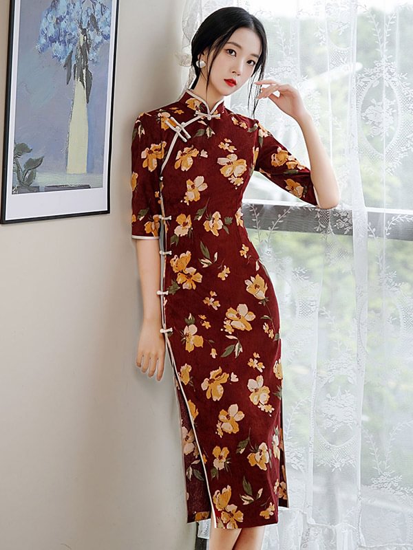 Vintage Floral Printed Split-Side Long Cheongsam