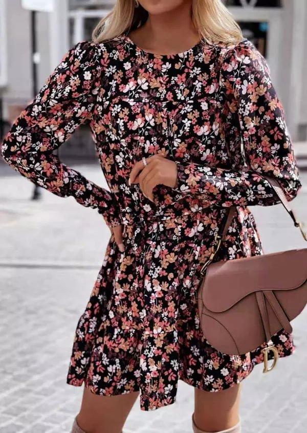 Floral Button Long Sleeve Mini Dress  LILYELF