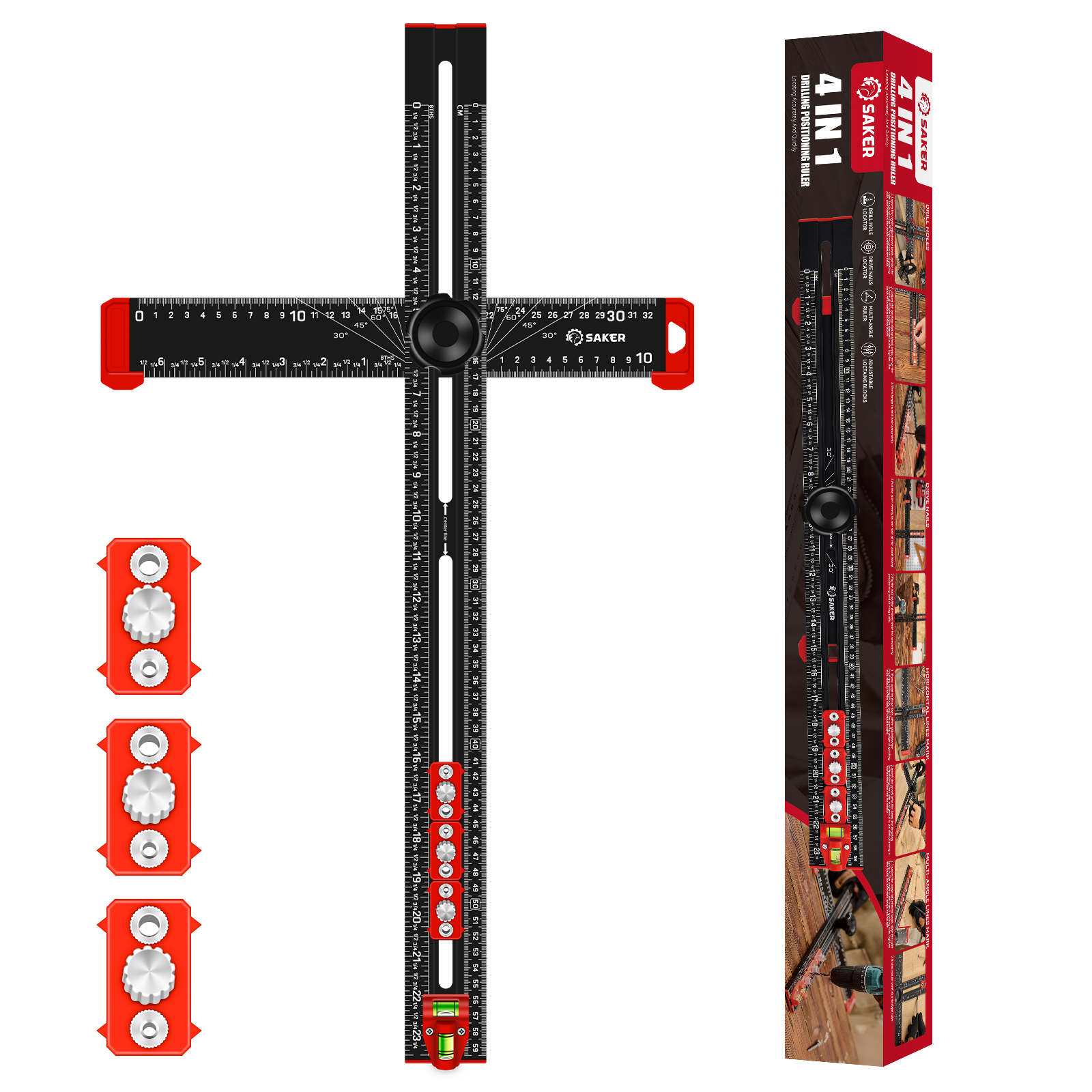 Saker 4 in 1 Black Drilling Positioning Ruler