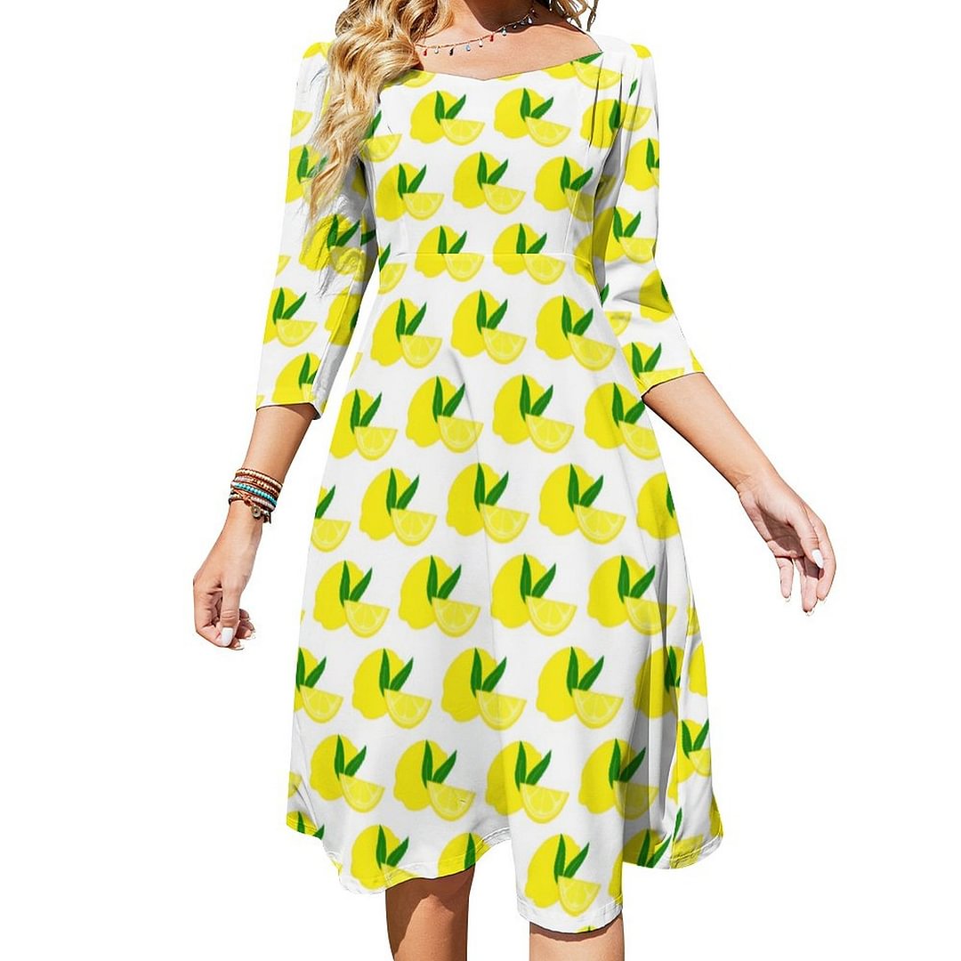 Yellow Lemon Citrus Pattern Dress Sweetheart Tie Back Flared 3/4 Sleeve Midi Dresses