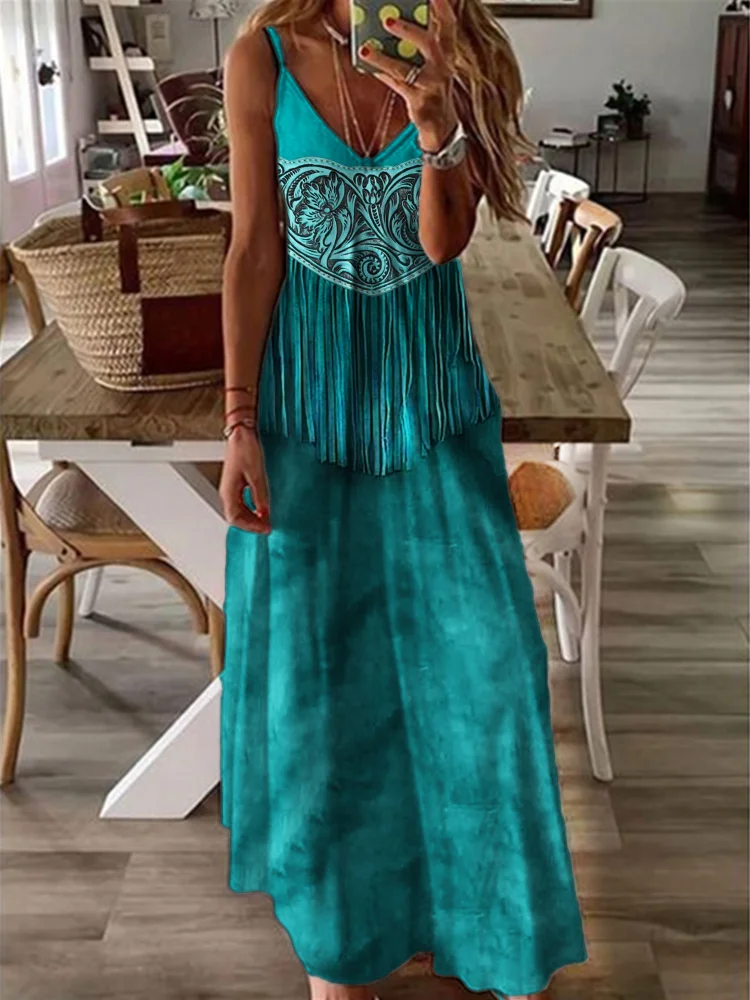 Comstylish Western Floral Leather Tassels Cami Max Dress