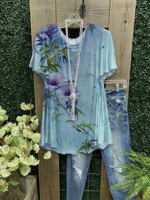 Floral Print Crew Neck Short Sleeve Cotton-Blend Shirts & Tops-Mayoulove