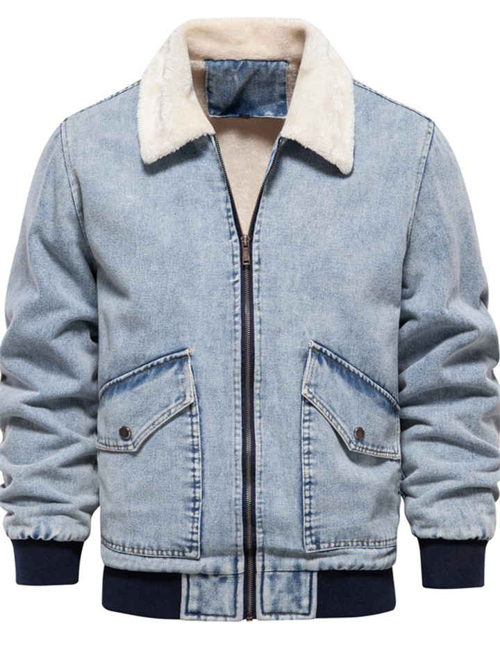 Long Sleeve Zipper Thickened Lapel Men's Padded Denim Jacket Jacket Casual Quality Washed Denim Tops
