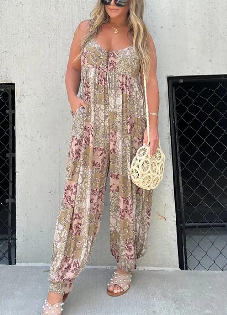 Patchwork Print Loose Jumpsuit (Buy 2 Free Shipping)