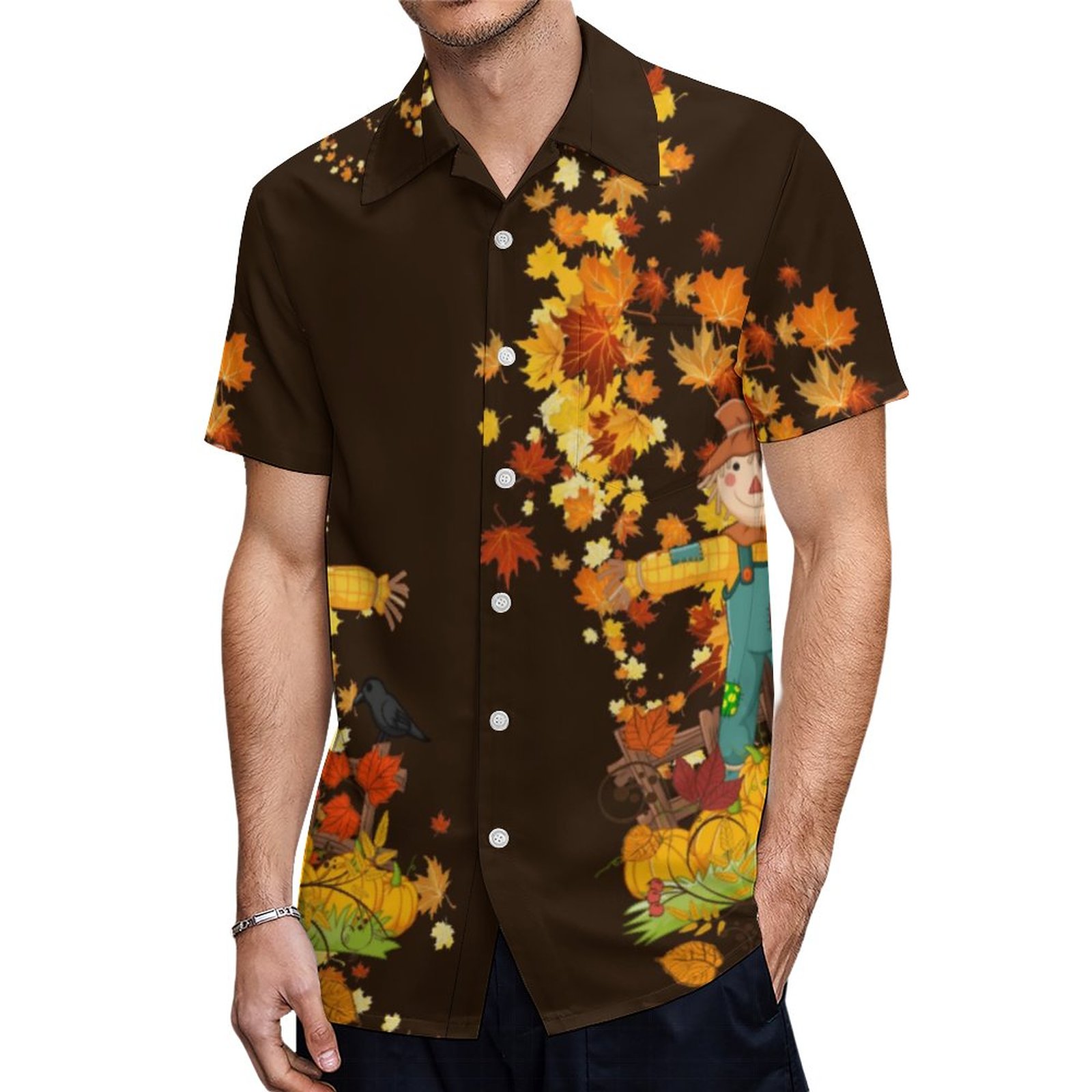 Fall Scarecrow Autumn Leaves Pretty Black Or Brown Hawaiian Shirt Mens Button Down Tropical Hawaii Beach Shirts