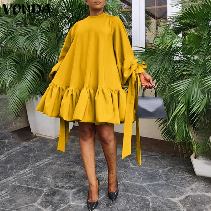Women Elegant Cocktail Party Dress 2022 VONDA Summer Sundress Holiday Summer Stand Collar Vestido Oversized Robe Femme
