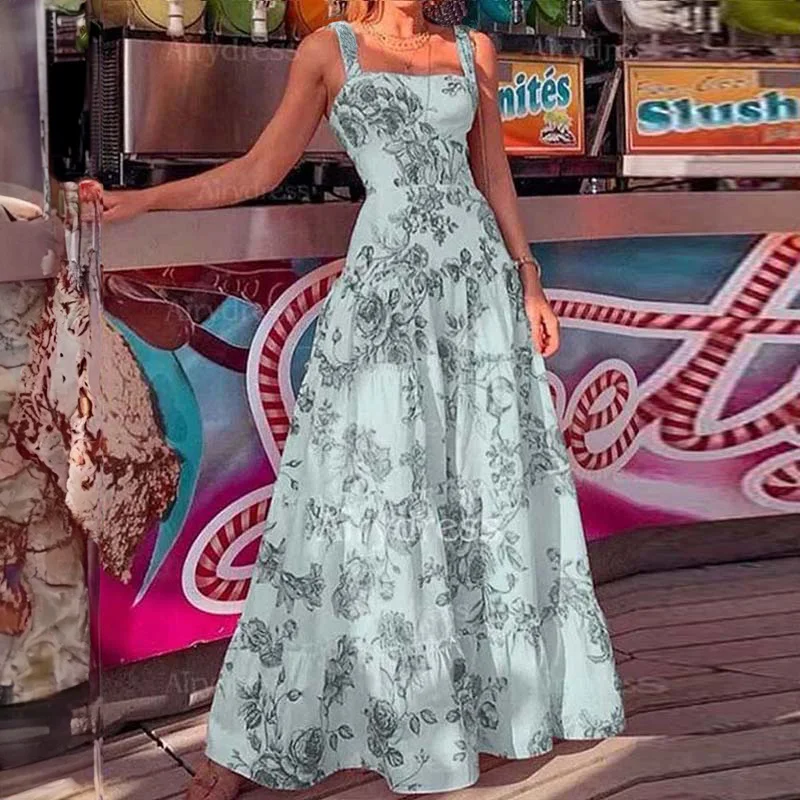 Brownm Brownm Women's Dress New Temperament Print Long Skirt With Waist Sling Skirt 661