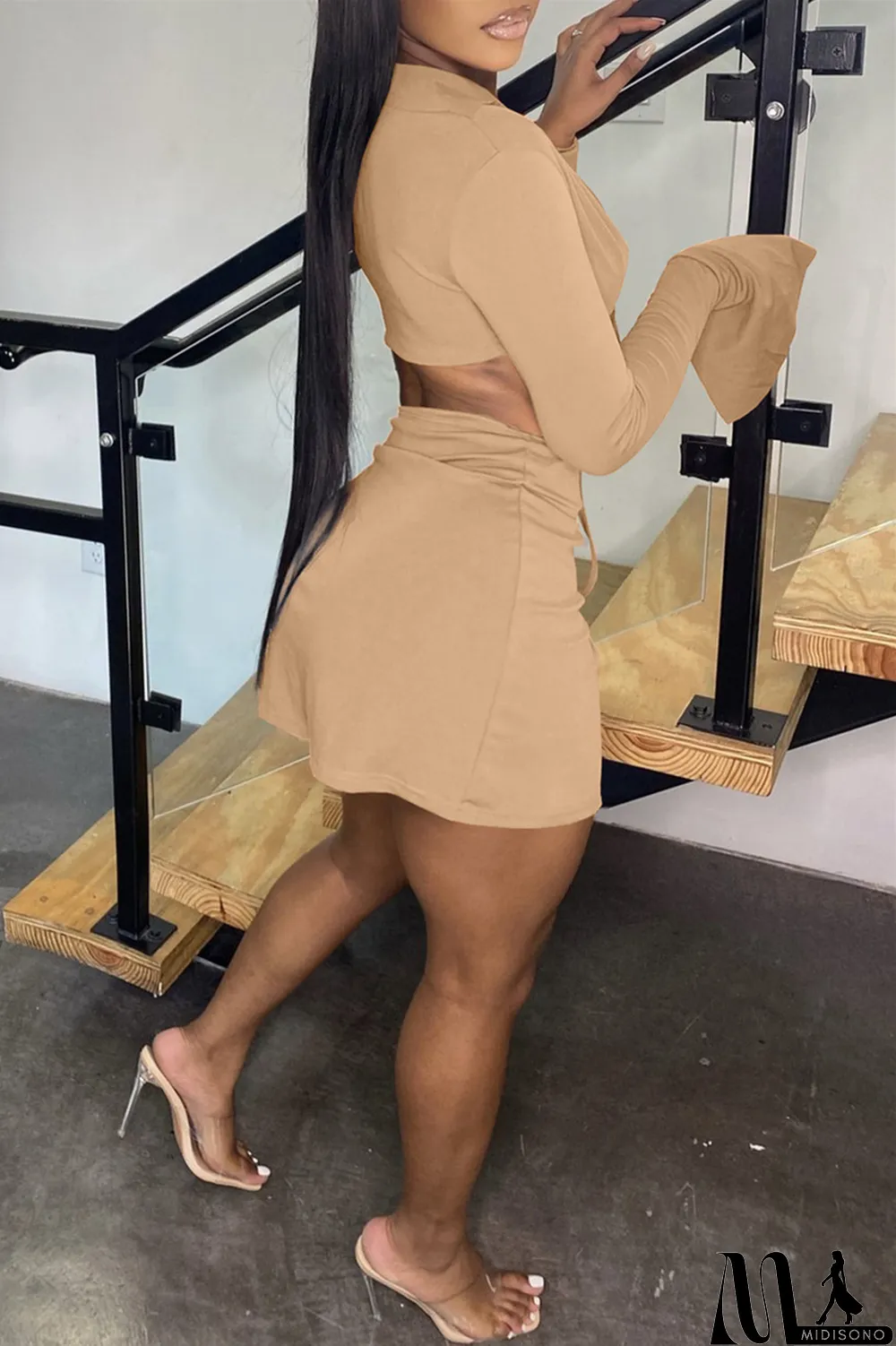 MidiSono - Khaki Sexy Casual Solid Bandage Slit V Neck Long Sleeve Two Pieces