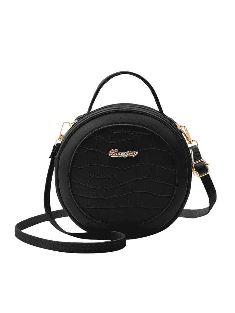 Women Round Shoulder Bag Alligator PU Circle Zip Crossbody Handbag (Black)