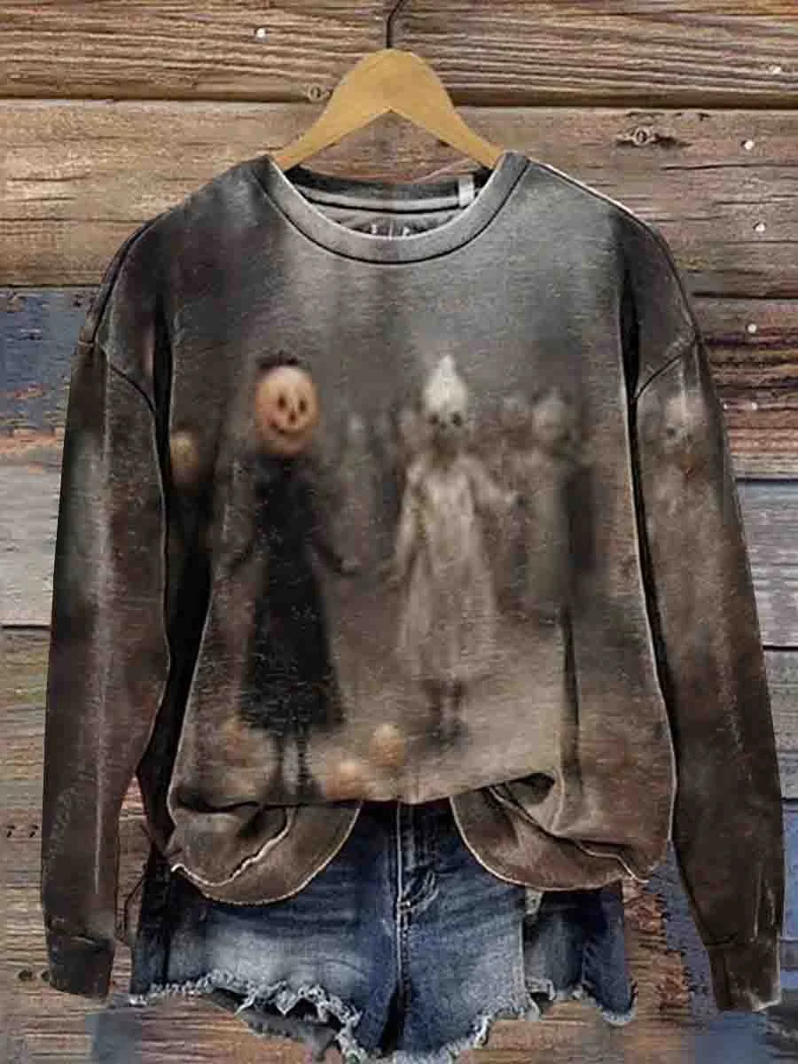 Halloween Ghost Kid And Pumpkin Head Retro Art Print Sweatshirt