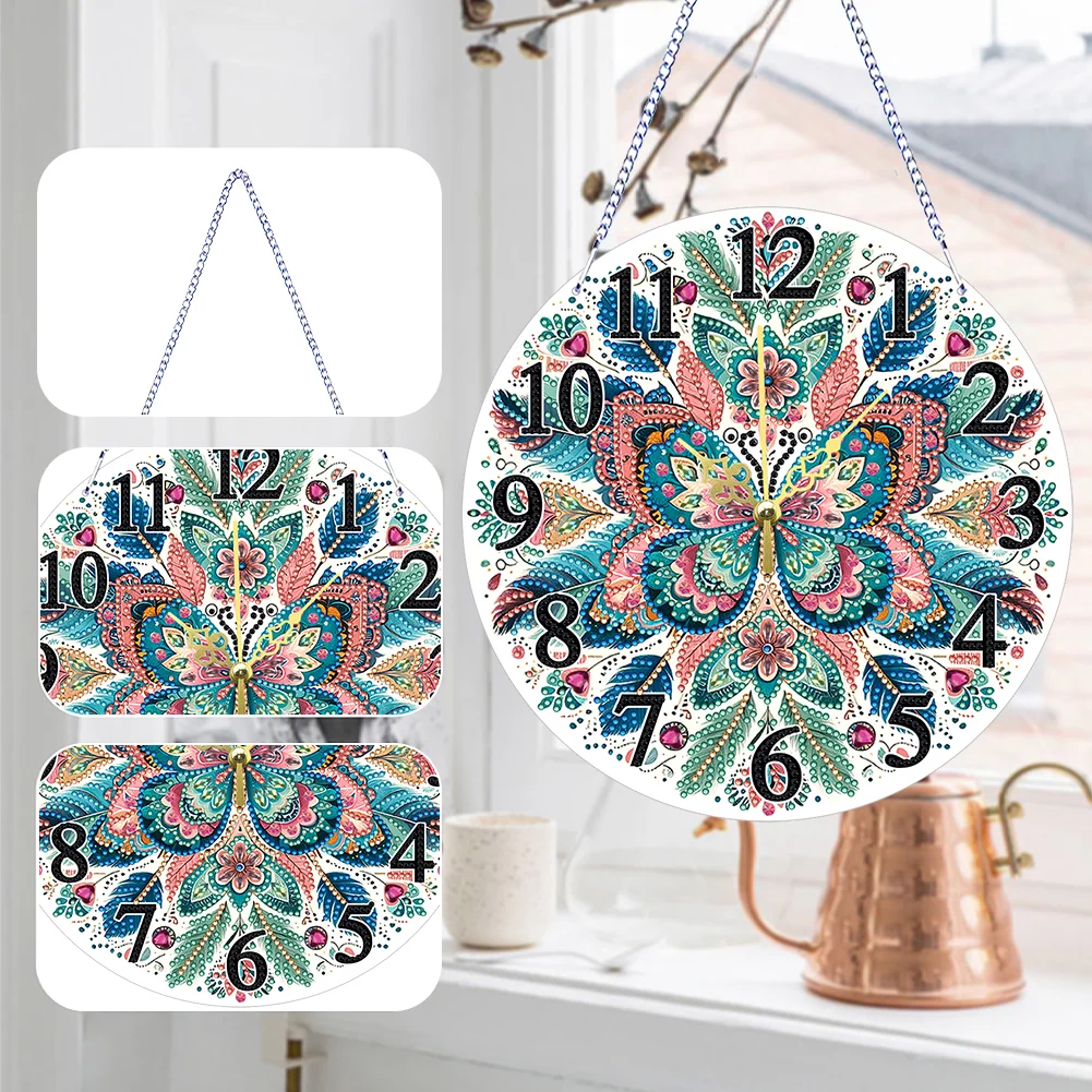 2D Flat DIY Butterfly 5D Diamond Painting Hanging Clock for Living Room Decor