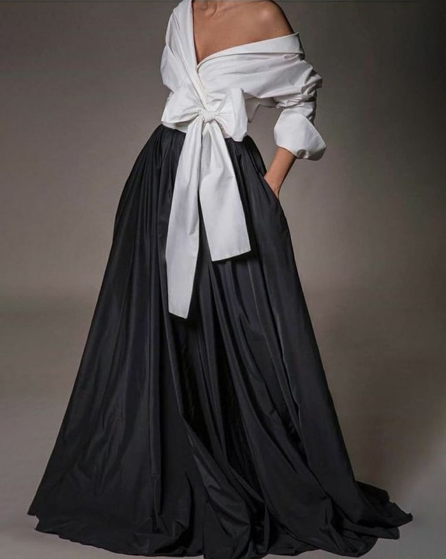 Elegant Black and White Contrast Bow Shirt Dress