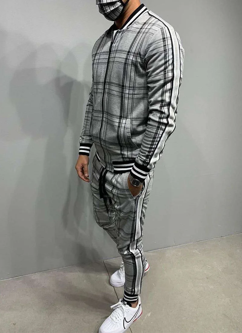 Men's Plaid Cardigan Jacket Trousers Sports Suit