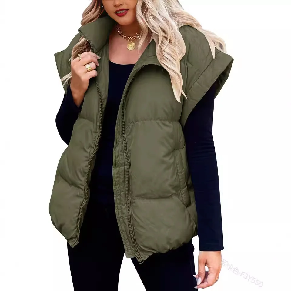 Toloer 2024 New Women's Solid Color Zip Pocket Cotton-Padded Jacket Vest Fashion Standing Collar Temperament Commuter Coat-Outfit Ideas