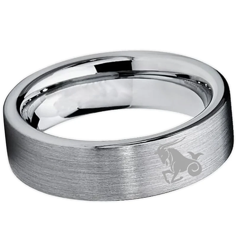 Men Women Sliver Capricorn Tungsten Carbide Rings Couple Wedding Bands Flat Comfort Fit 4MM 6MM 8MM