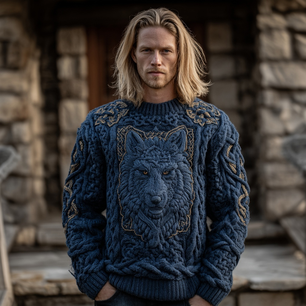Men's Viking Inspired Celtic Wolf Vintage Cozy Knit Sweater elevenforest