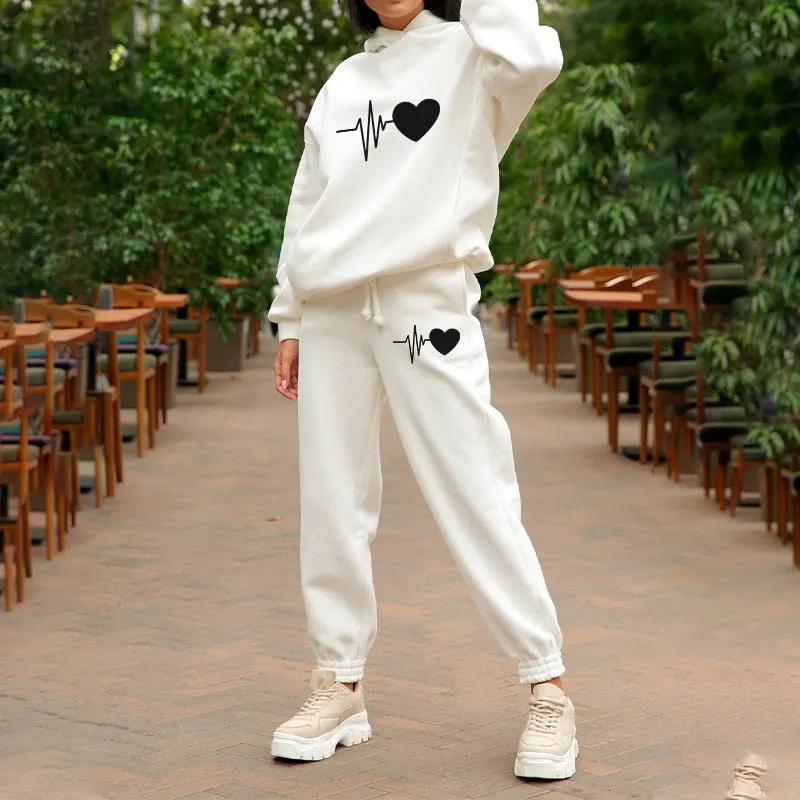 Oversize Heart Printed Fleece Women's Tracksuit Hoodies 2 Piece Set Sweatshirt + Pants Women Sport Suit Winter Sportswear