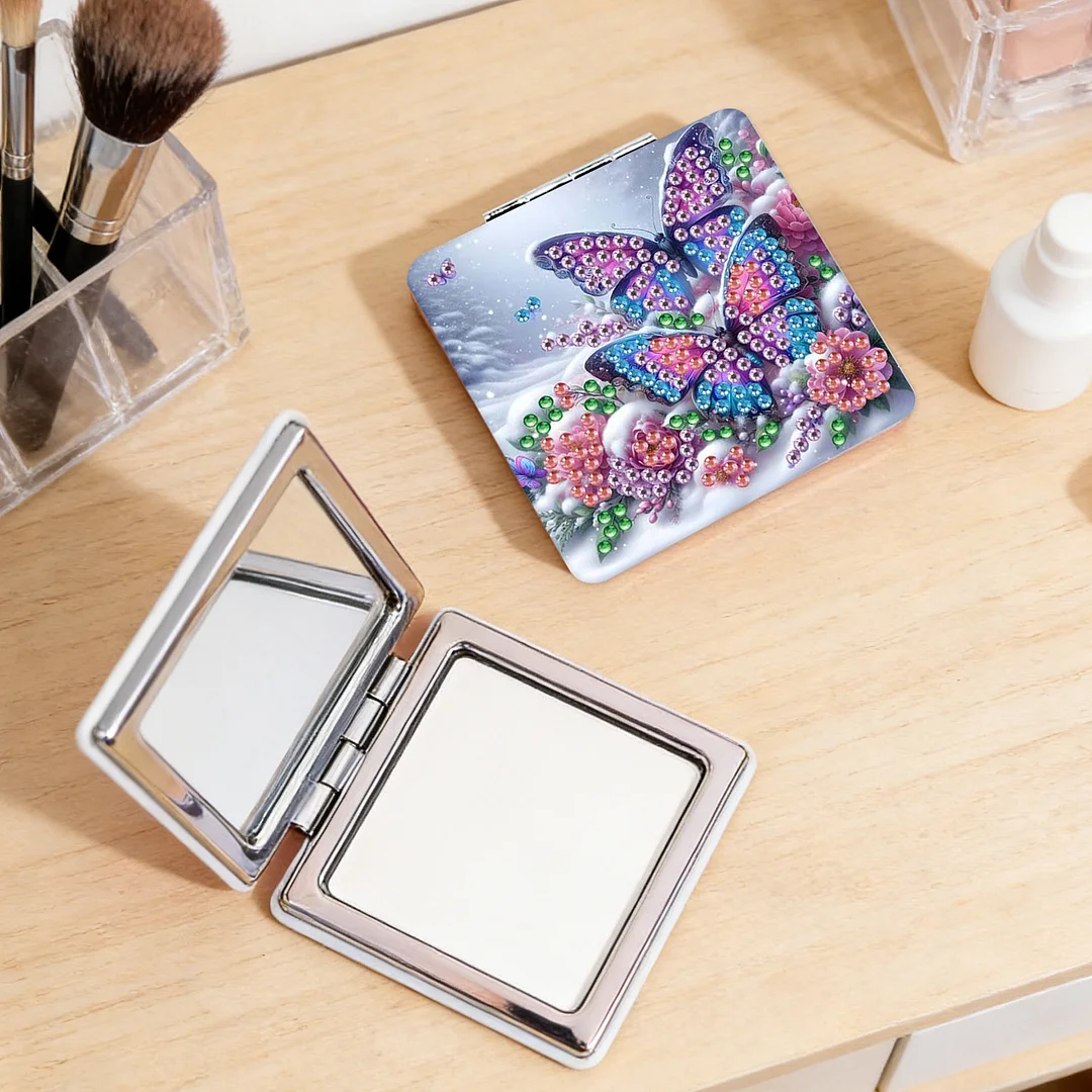 Butterfly Flowers DIY Special Shaped Diamond Painting Compact Mirror Kits Diamond Art Painting Pocket Mirror for Beginners Adults Art Craft Woman Gifts