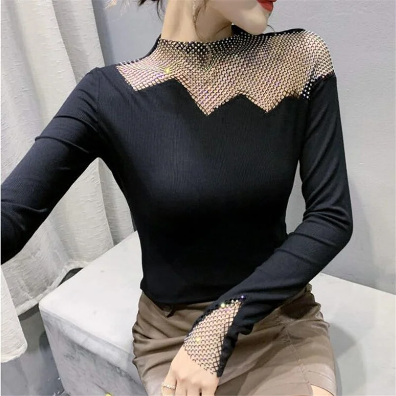 Cutout Shiny Hot Drilling T-shirt Women Round Neck Jumper Tops Long Sleeve Bottoming Tee Spring Basis Base Slim Women’s T-shirt