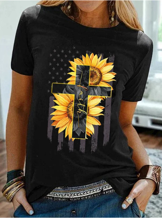 Sunflower Cross Print Short Sleeve T-Shirt