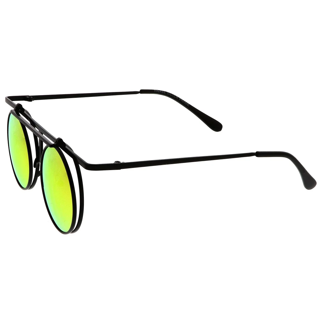 Steampunk Flip Up Cover Flat Top Colored Mirror Clear Lens Round glasses 44mm