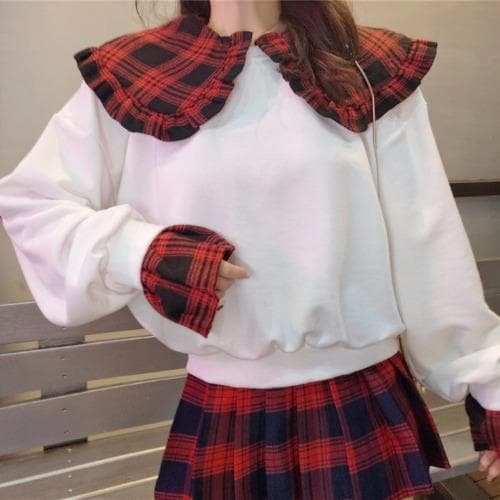 Black/White Plaid Doll Collar Sweater/Skirt Set SP14645