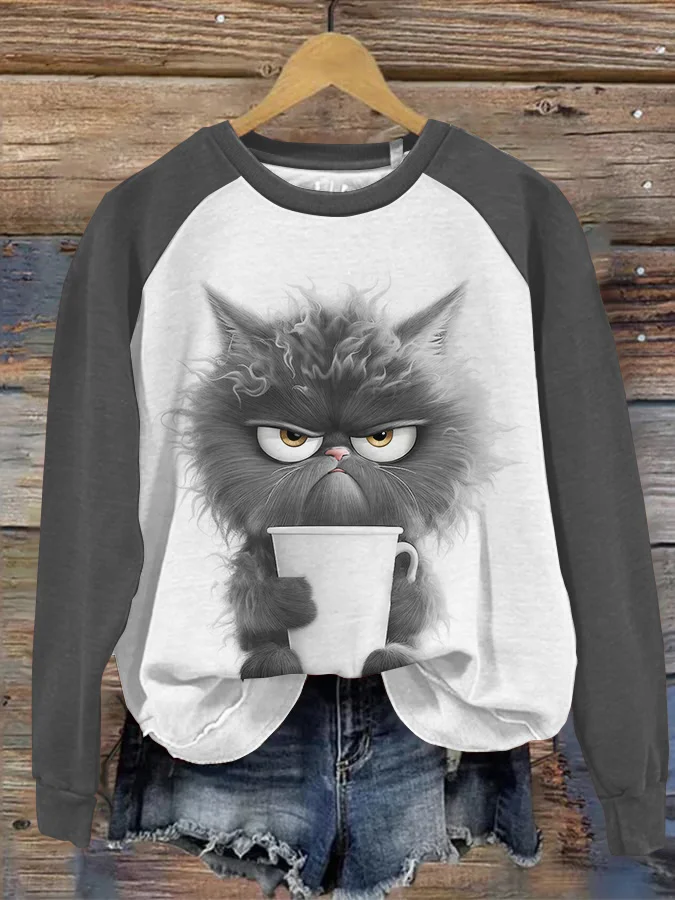 Cute Cat Print Round Neck Long Sleeve Sweatshirt