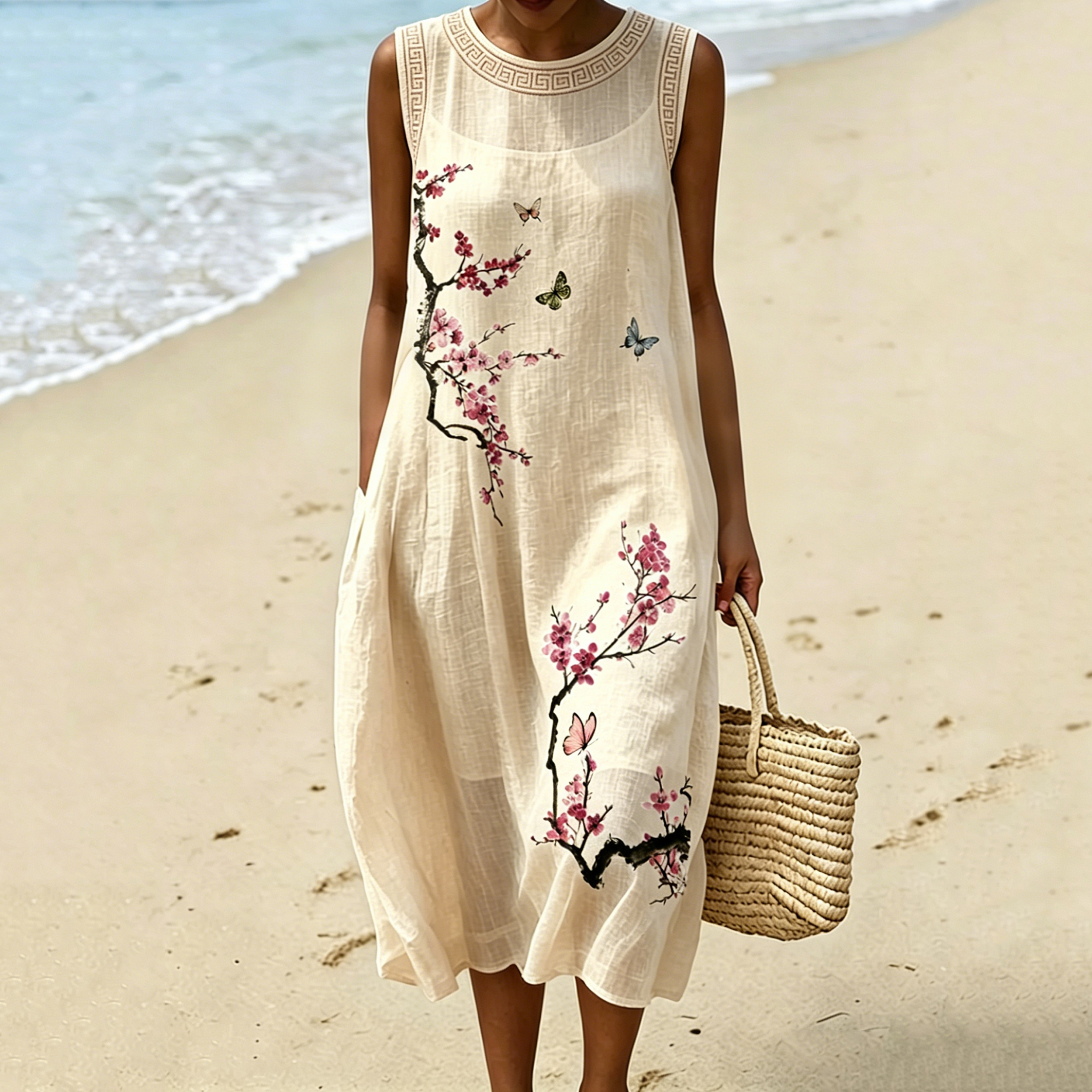 Japanese Style Cherry Blossom And Butterfly Art Cotton Linen Sleeveless Dress wearshes