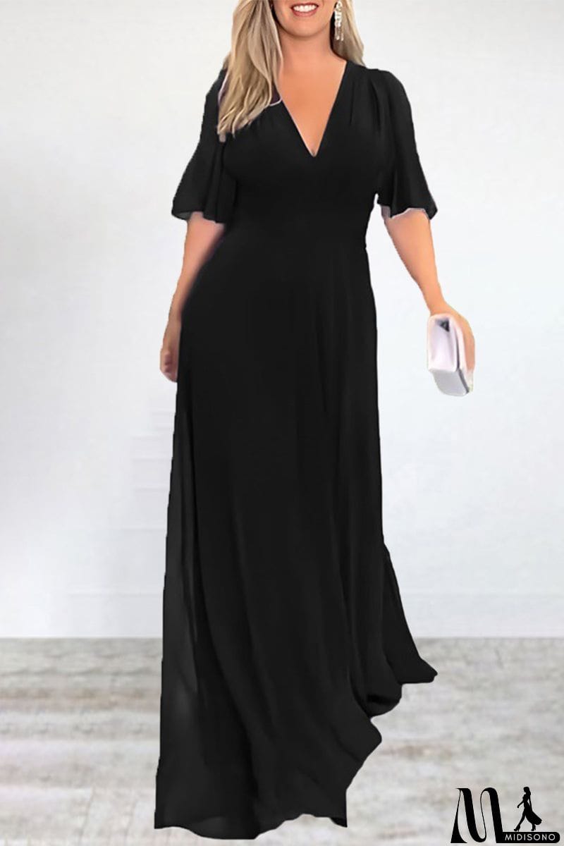 MidiSono - Elegant Solid Slit V Neck A Line Dresses