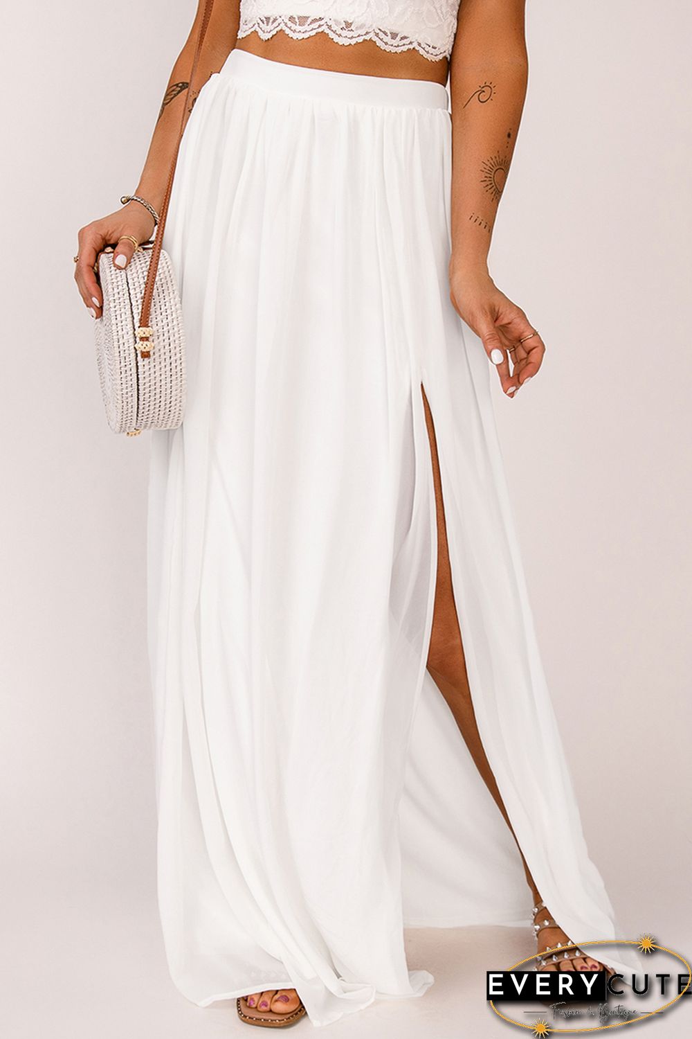 White High Waist Maxi Skirt with Split