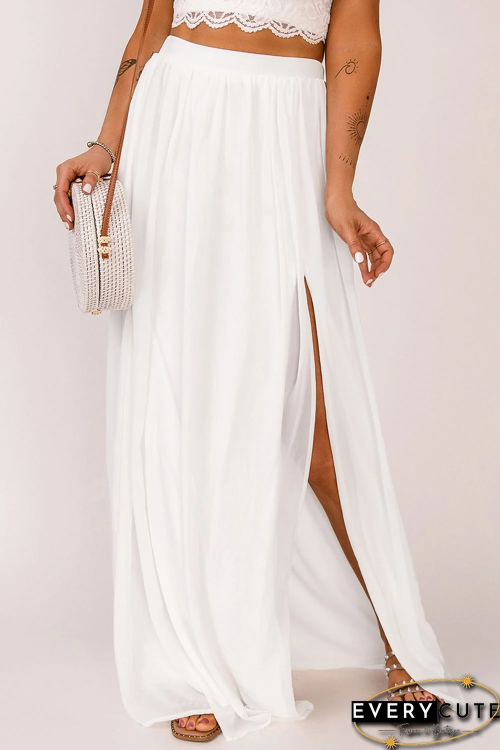 White High Waist Maxi Skirt with Split
