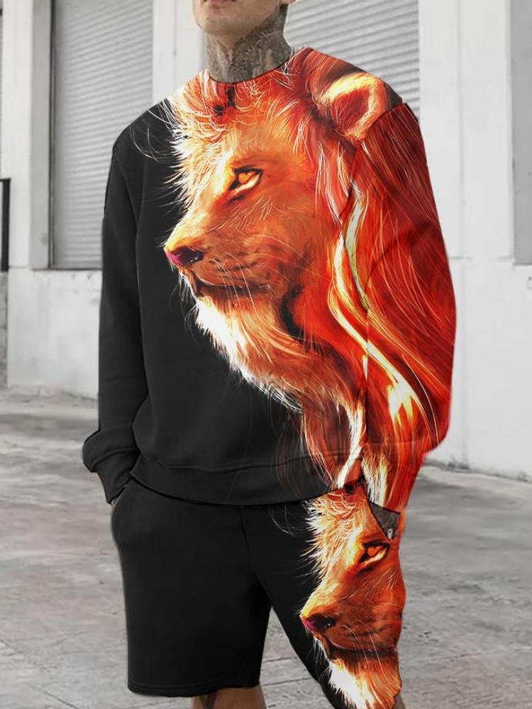 Lion print men's long sleeve sweatshirt set