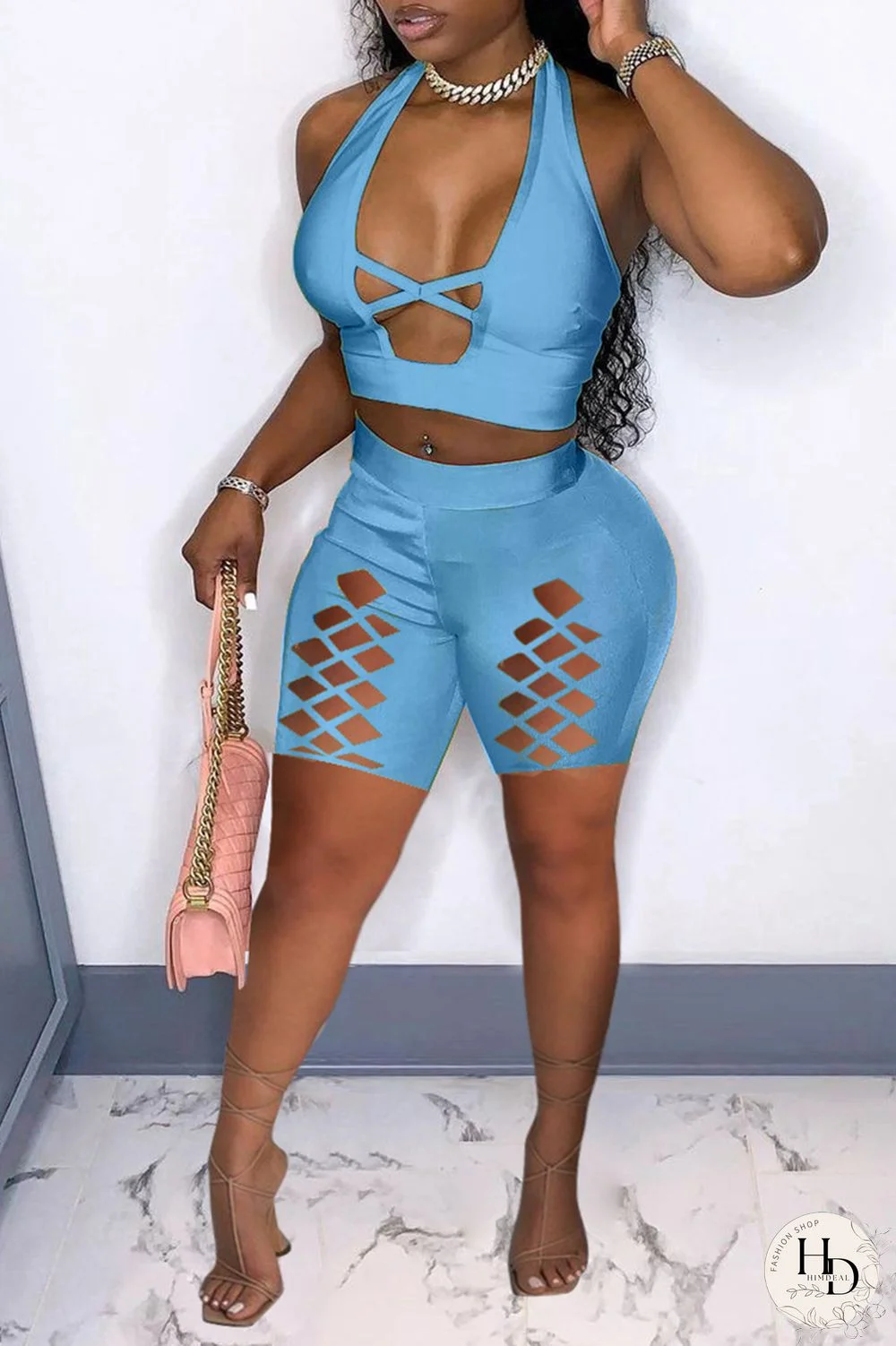 Orange Fashion Sexy Solid Hollowed Out Backless Halter Skinny Two-piece Set