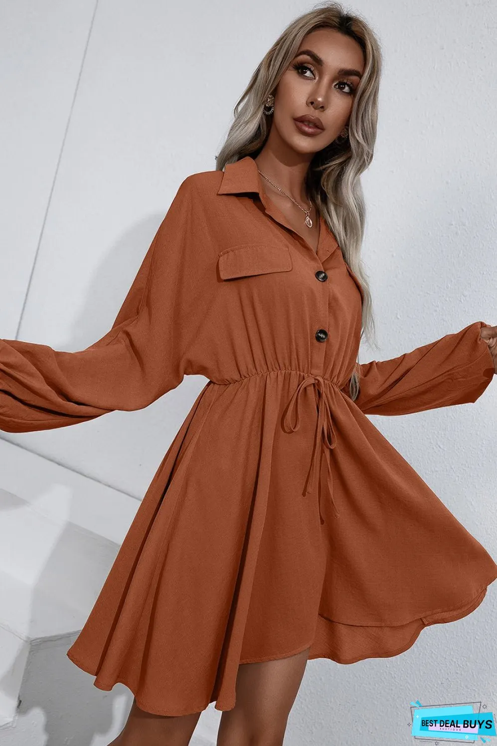 Collared Tie Waist Button Up Shirt Dress