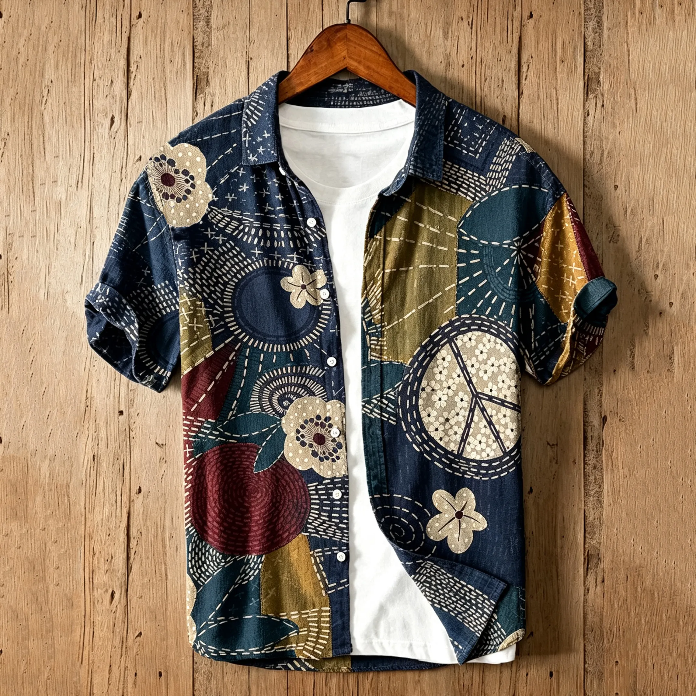 Comstylish Men's Hippie Peace Traditional Sashiko Color-blocking Art Linen Blend Shirt
