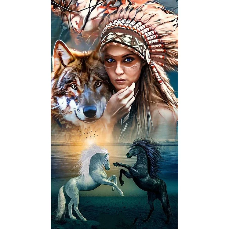 Indians And Wolves 50*90CM(Canvas) Full Round Drill Diamond Painting gbfke