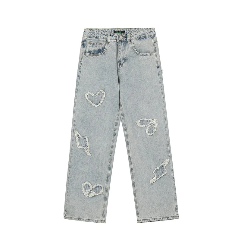 High Street Love Embroidery Retro Vibe Fringe Jeans Pants Men and Women Straight Oversize Straight Casual Baggy Denim Trousers
