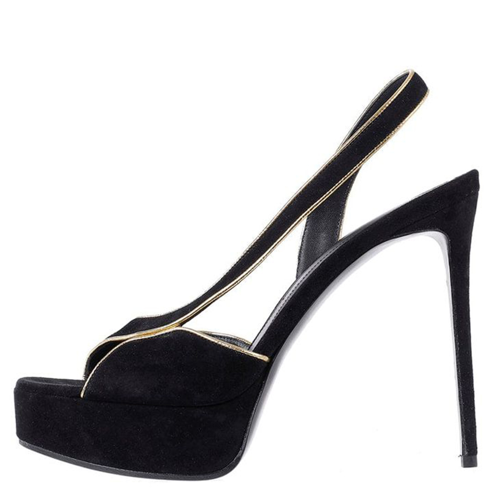Black Faux Suede Open Toe Stiletto Heel Slingback Platform Sandals Nicepairs