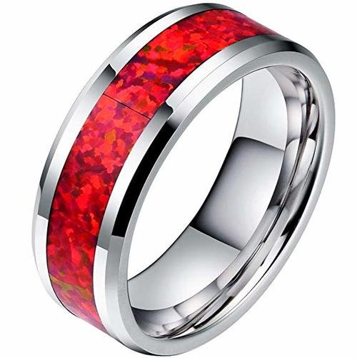 Women's Or Men's Red Opal Inlay Mens Tungsten Carbide Wedding Band Matching Rings,Silver Tone Wedding ring bands Comfort Fit High Polished Tungsten Carbide Ring With Mens And Womens For Width 4MM 6MM 8MM 10MM