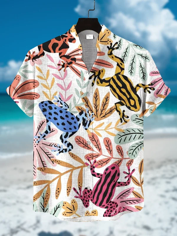 Men's Colorful Frog and Leaf Vacation Print Short Sleeve Shirt