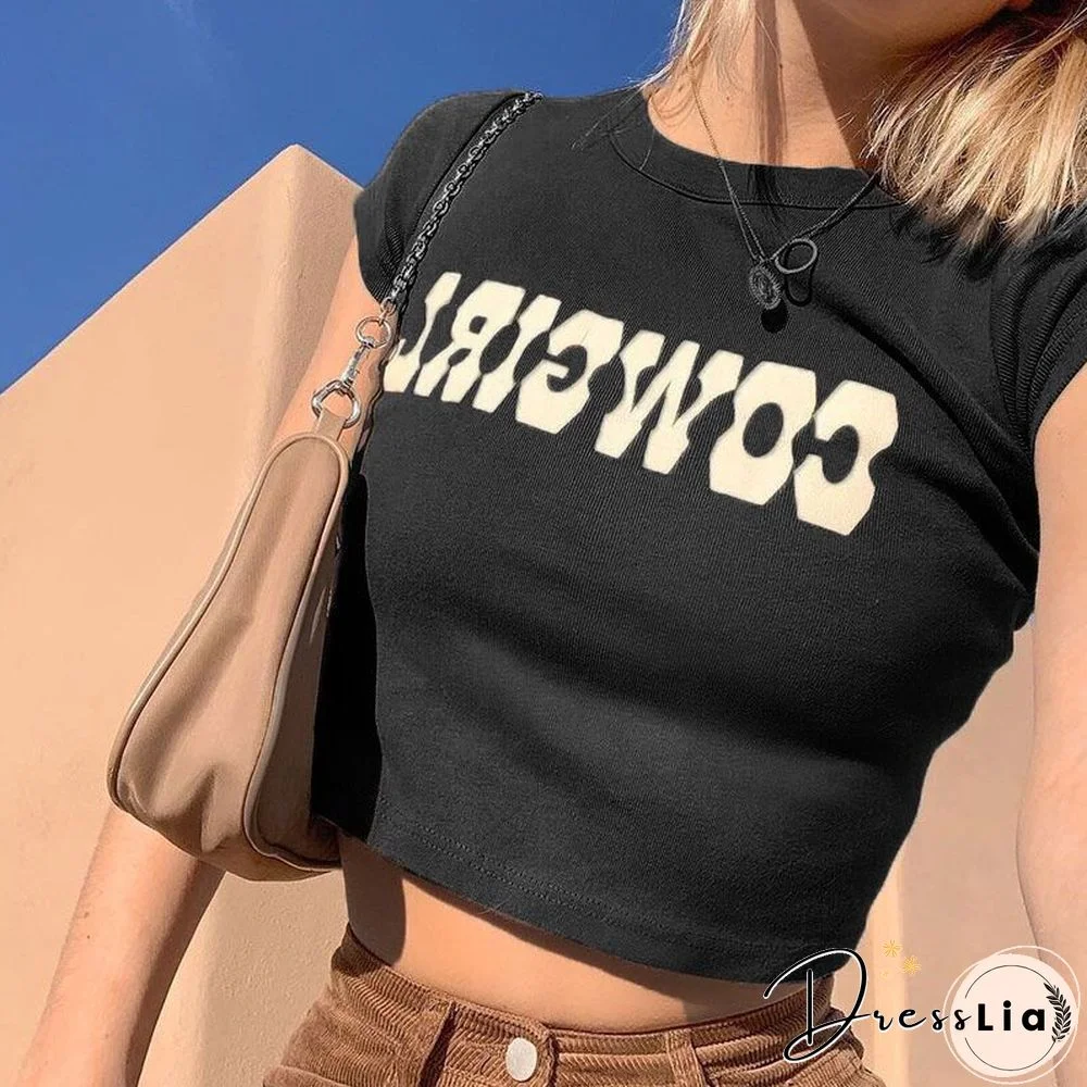 O-Neck Crop Tops Women Summer Fashion Print Casual T Shirts Basic Sexy Streetwear Brown Short Sleeve Picnic Ins