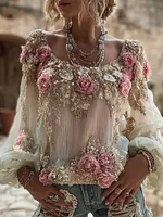 Vintage Pink Roses Embroidered Cozy Linen T Shirt