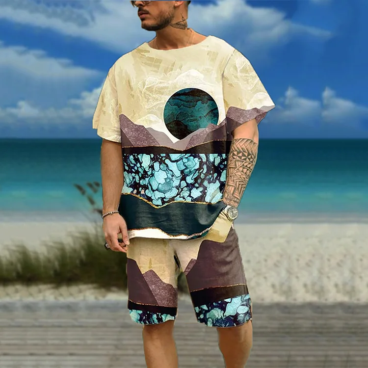 BrosWear Sunshine Painting Beige Printing T-Shirt And Shorts Co-Ord